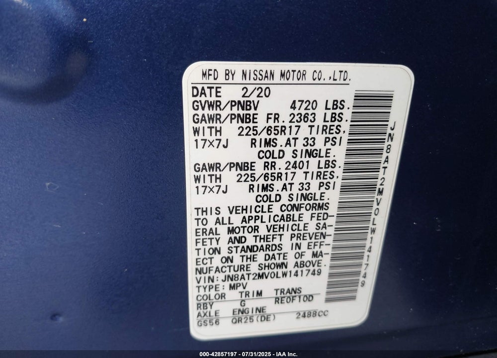 2020 NISSAN ROGUE VIN: JN8AT2MV0LW141749