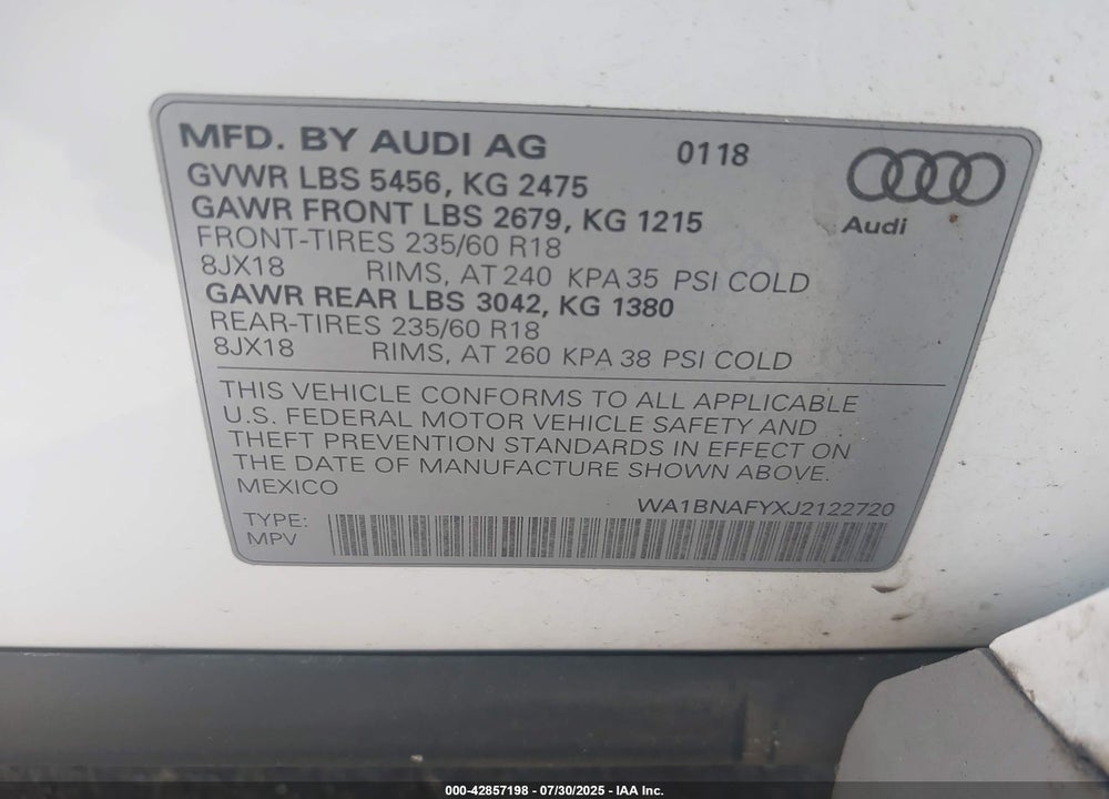 2018 AUDI Q5 VIN: WA1BNAFYXJ2122720