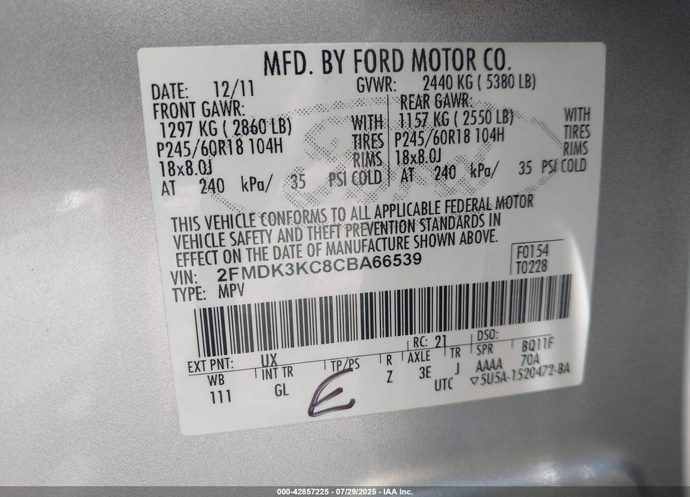 2012 FORD EDGE VIN: 2FMDK3KC8CBA66539