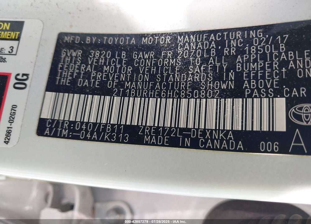2017 TOYOTA COROLLA VIN: 2T1BURHE6HC850802