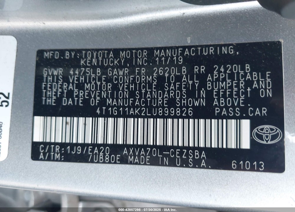 2020 TOYOTA CAMRY VIN: 4T1G11AK2LU899826