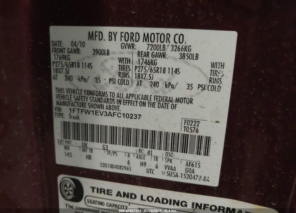 2010 FORD F-150 VIN: 1FTFW1EV3AFC10237
