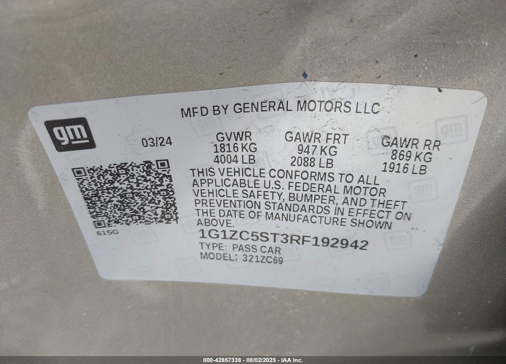 2024 CHEVROLET MALIBU VIN: 1G1ZC5ST3RF192942