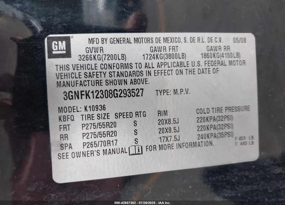 2008 CHEVROLET AVALANCHE VIN: 3GNFK12308G293527