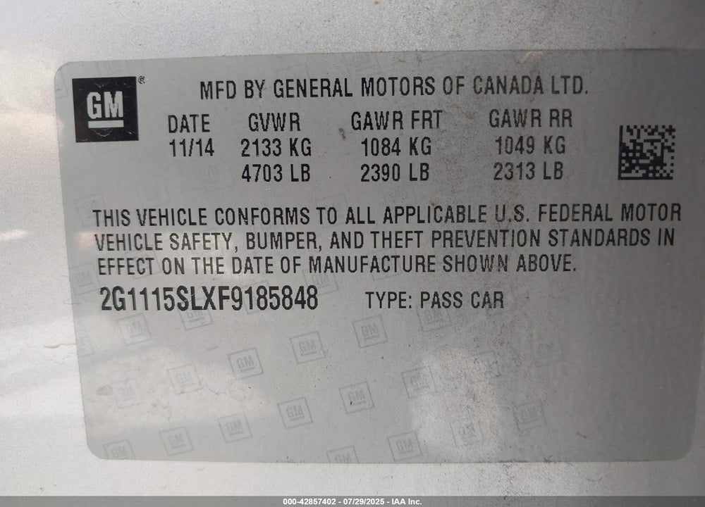 2015 CHEVROLET IMPALA 1LT VIN: 2G1115SLXF9185848