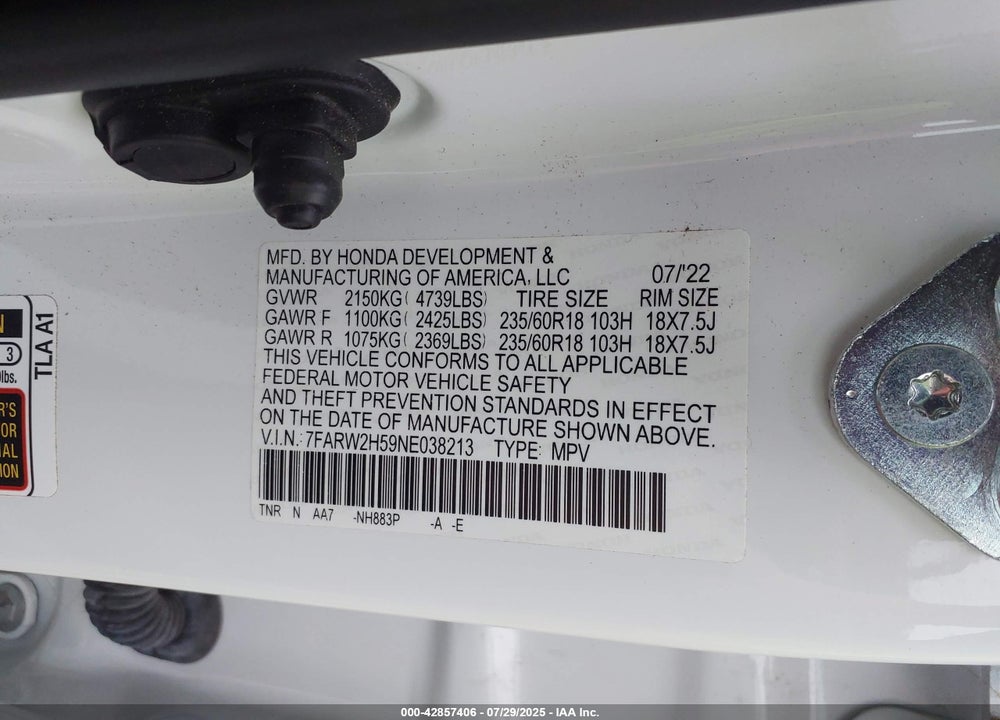 2022 HONDA CR-V VIN: 7FARW2H59NE038213