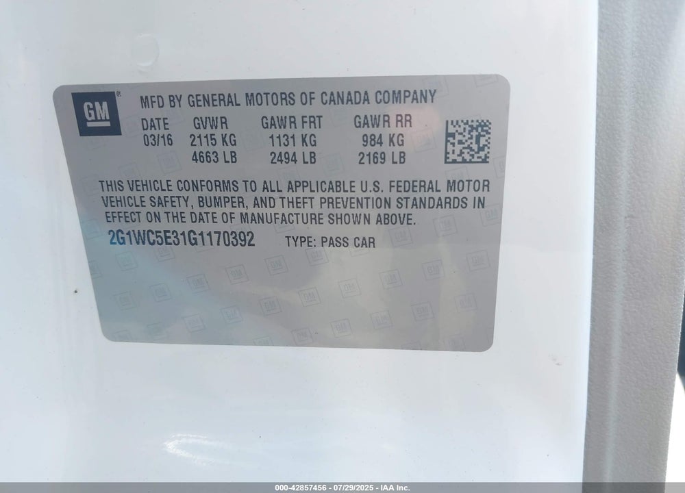 2016 CHEVROLET IMPALA LIMITED VIN: 2G1WC5E31G1170392