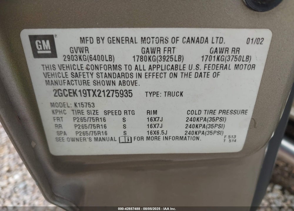 2002 CHEVROLET SILVERADO 1500 LS VIN: 2GCEK19TX21275935