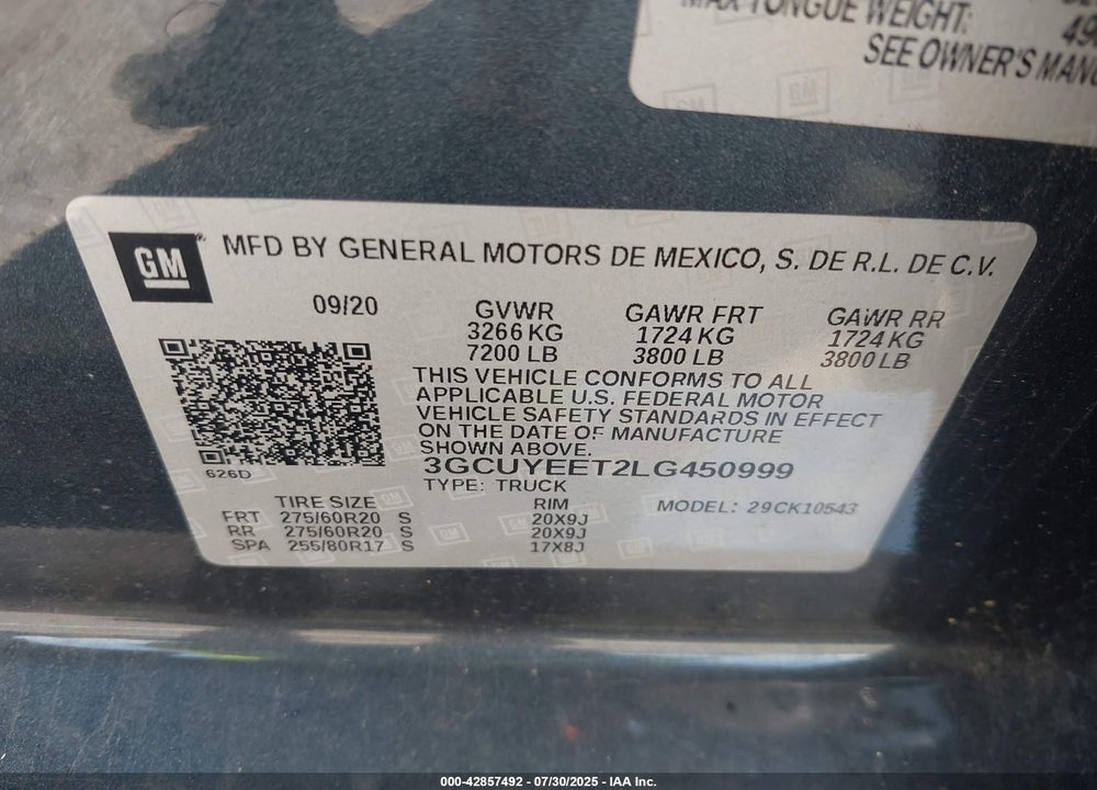 2020 CHEVROLET SILVERADO 1500 VIN: 3GCUYEET2LG450999