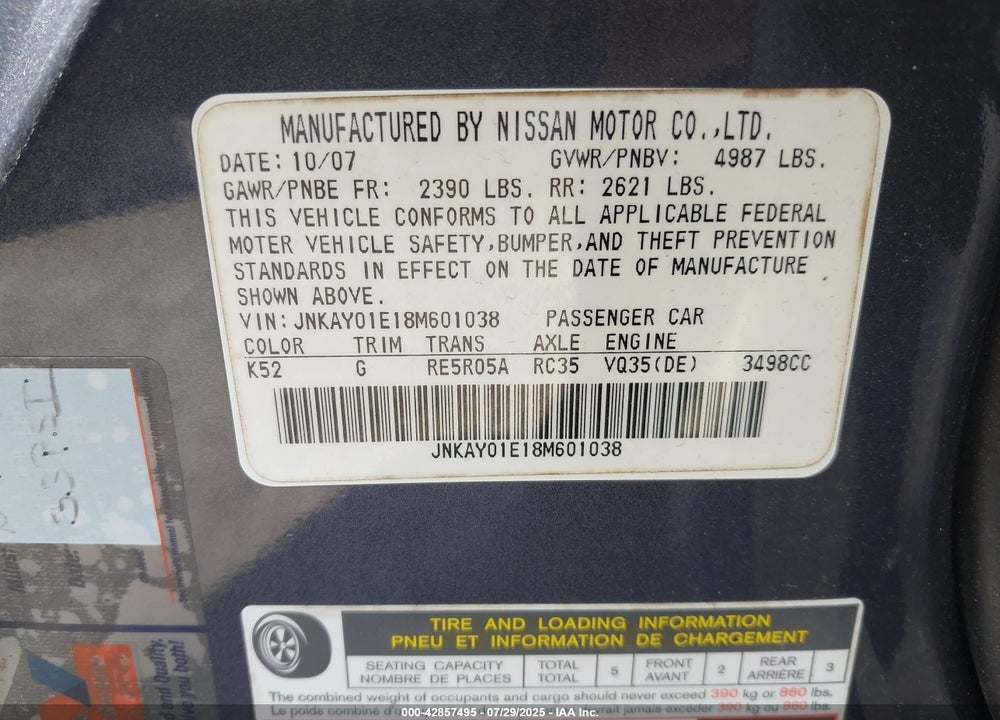 2008 INFINITI M35 VIN: JNKAY01E18M601038