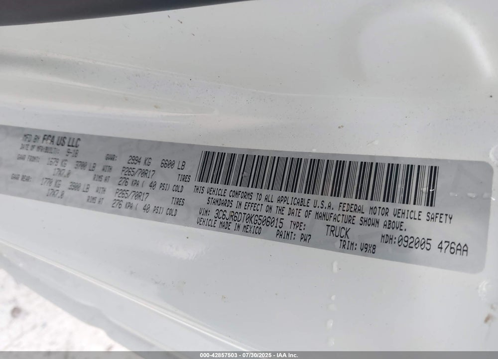 2019 RAM 1500 VIN: 3C6JR6DT0KG506015