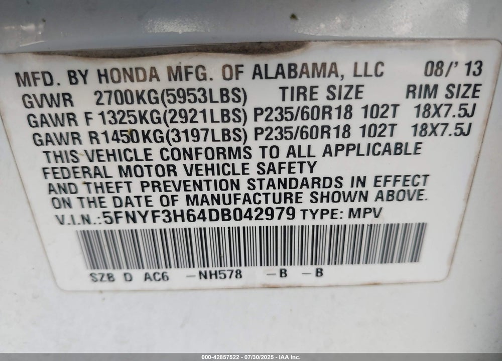 2013 HONDA PILOT VIN: 5FNYF3H64DB042979