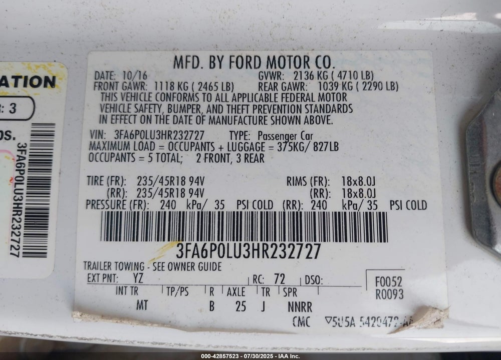 2017 FORD FUSION HYBRID SE VIN: 3FA6P0LU3HR232727