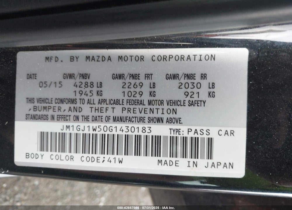 2016 MAZDA 6 VIN: JM1GJ1W50G1430183