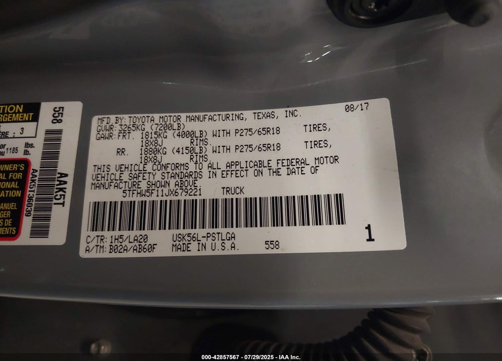 2018 TOYOTA TUNDRA VIN: 5TFHW5F11JX679221
