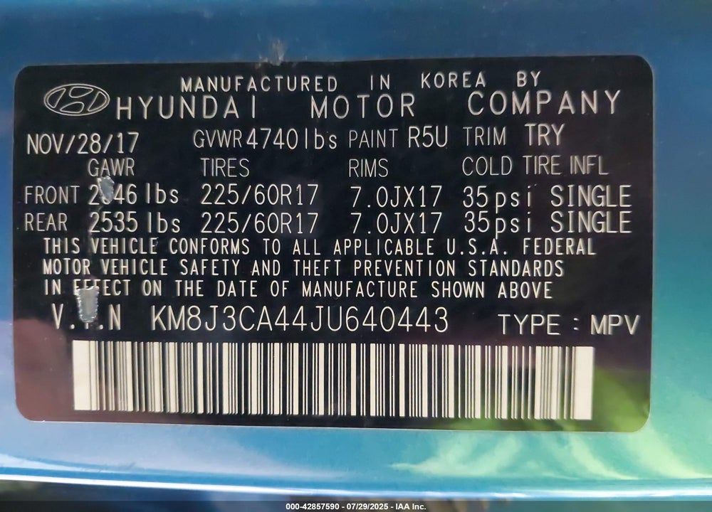 2018 HYUNDAI TUCSON VIN: KM8J3CA44JU640443