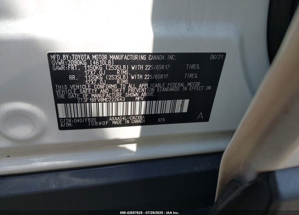 2021 TOYOTA RAV4 VIN: 2T3F1RFV8MC222643