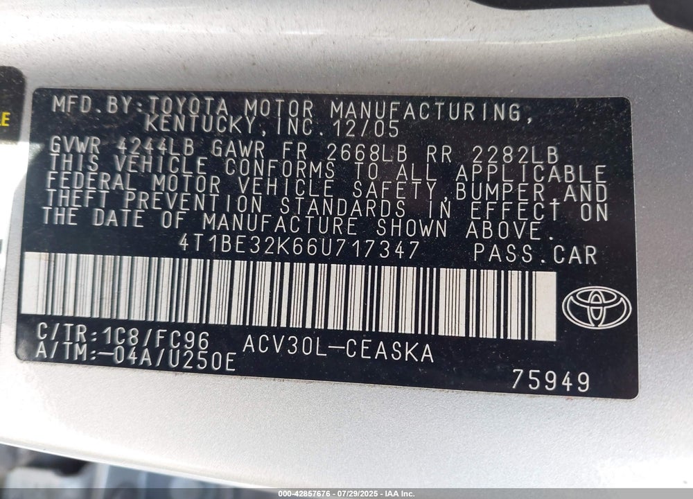 2006 TOYOTA CAMRY SE VIN: 4T1BE32K66U717347