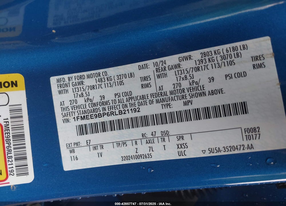 2024 FORD BRONCO BADLANDS VIN: 1FMEE9BP6RLB21192