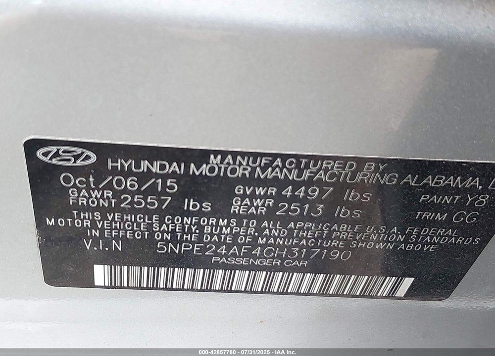2016 HYUNDAI SONATA VIN: 5NPE24AF4GH317190
