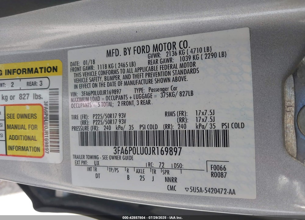 2018 FORD FUSION VIN: 3FA6P0LU0JR169897