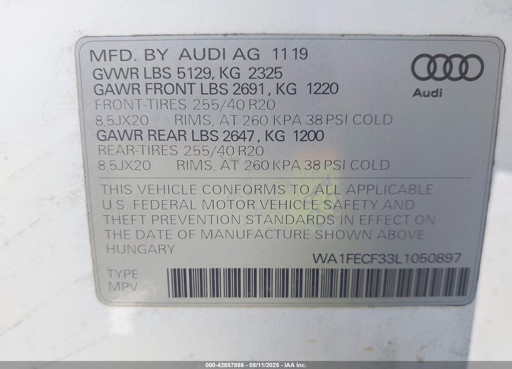 2020 AUDI Q3 VIN: WA1FECF33L1050897