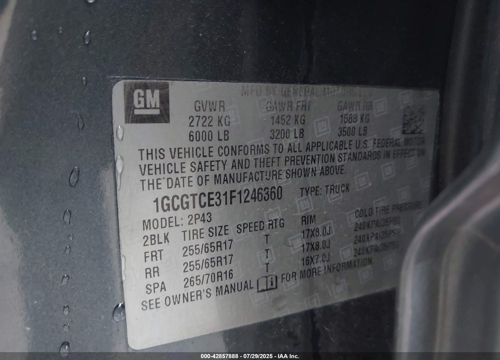 2015 CHEVROLET COLORADO VIN: 1GCGTCE31F1246360
