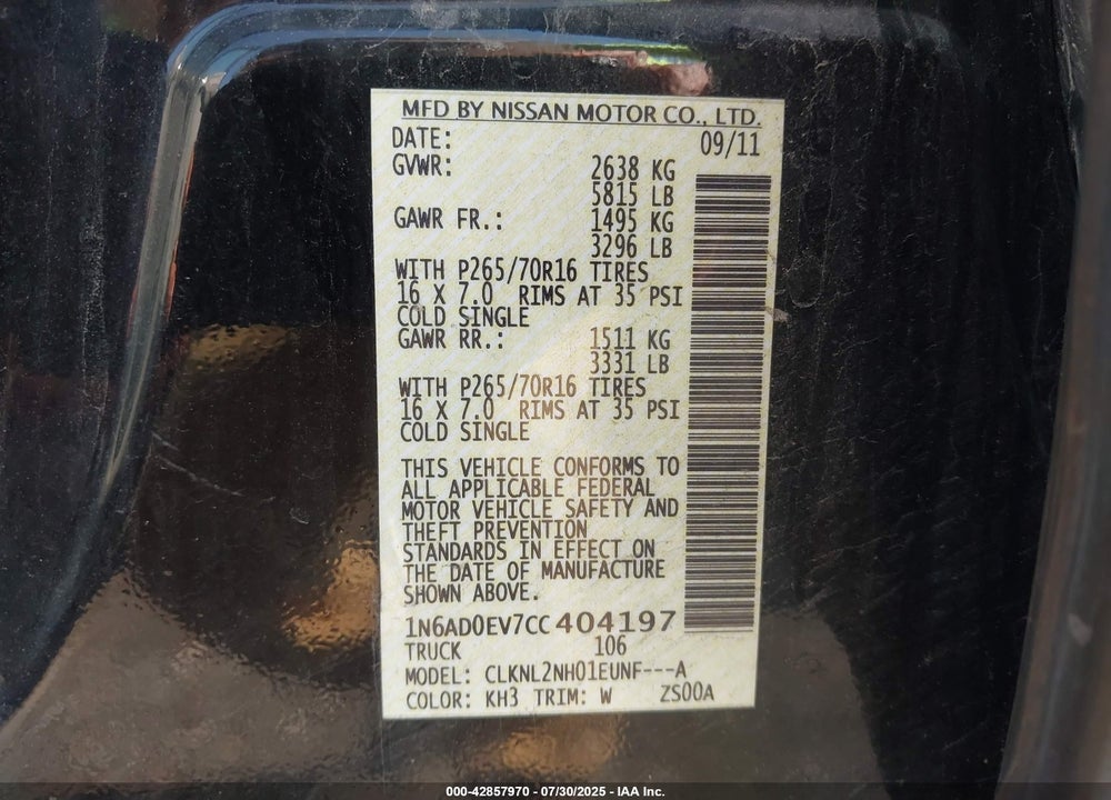 2012 NISSAN FRONTIER VIN: 1N6AD0EV7CC404197