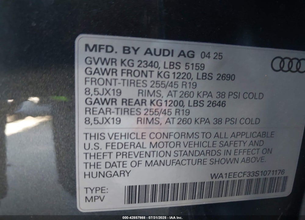 2025 AUDI Q3 VIN: WA1EECF33S1071176