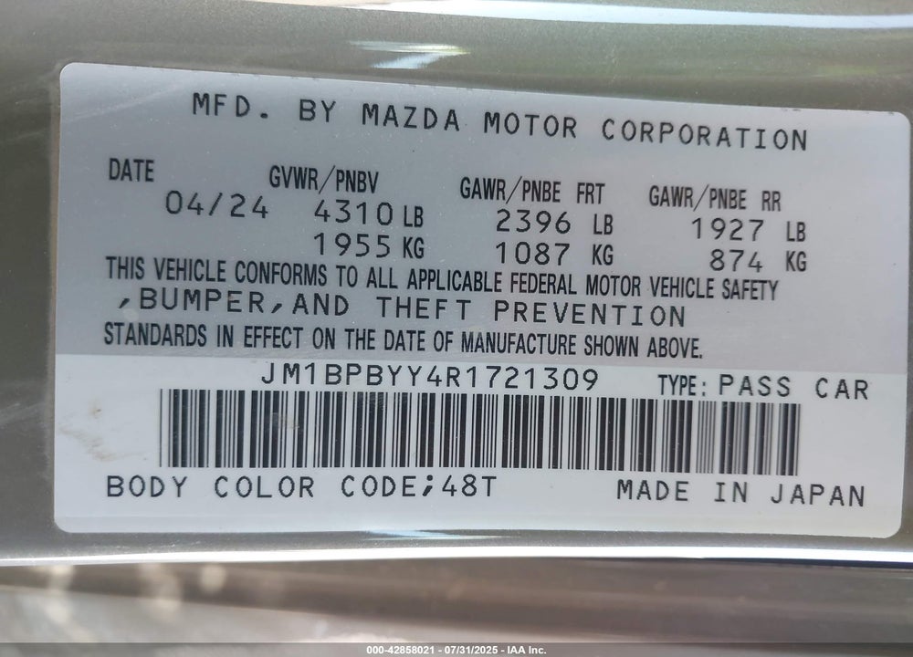 2024 MAZDA 3 VIN: JM1BPBYY4R1721309