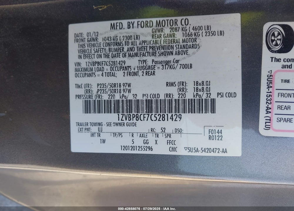 2012 FORD MUSTANG VIN: 1ZVBP8CF7C5281429