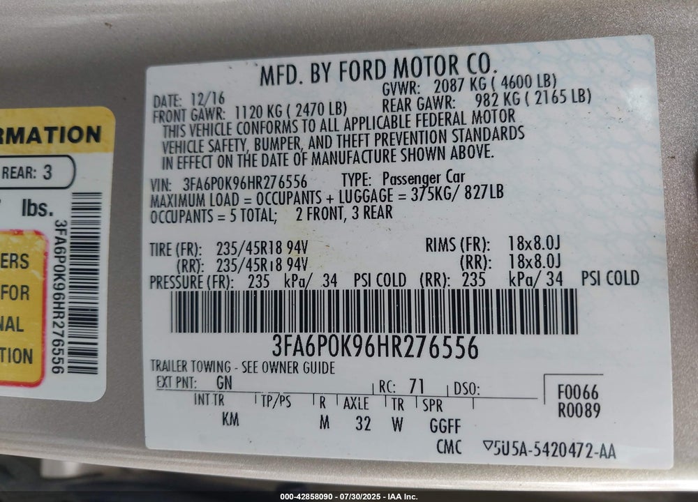 2017 FORD FUSION VIN: 3FA6P0K96HR276556
