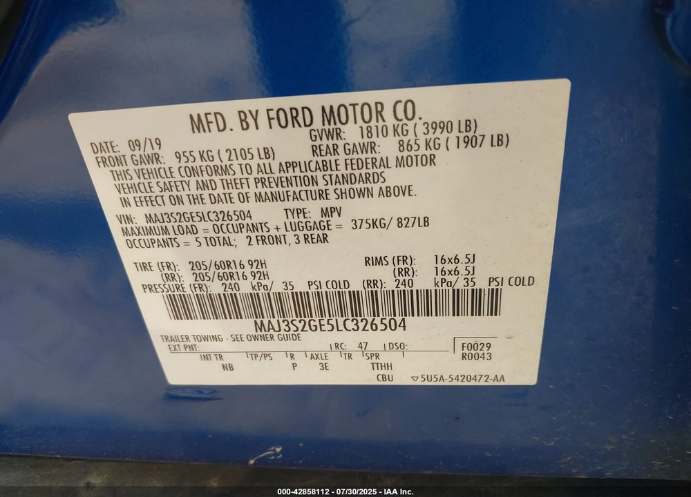 2020 FORD ECOSPORT VIN: MAJ3S2GE5LC326504
