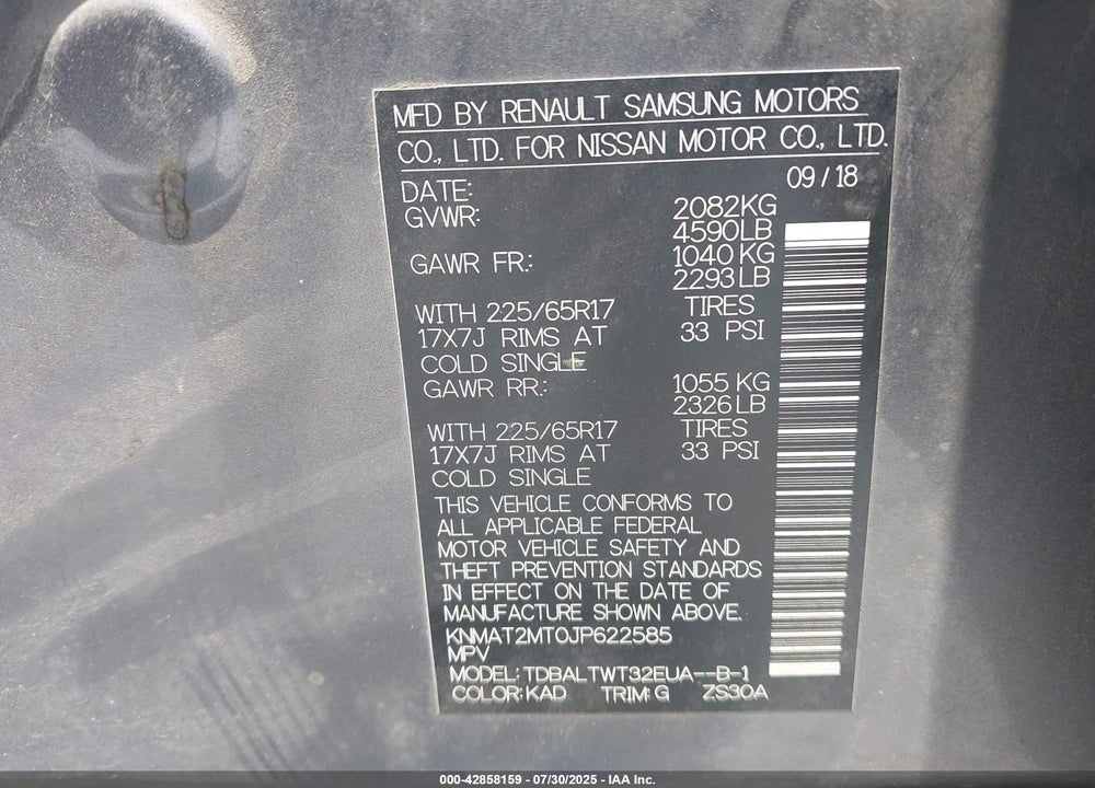 2018 NISSAN ROGUE SV VIN: KNMAT2MT0JP622585