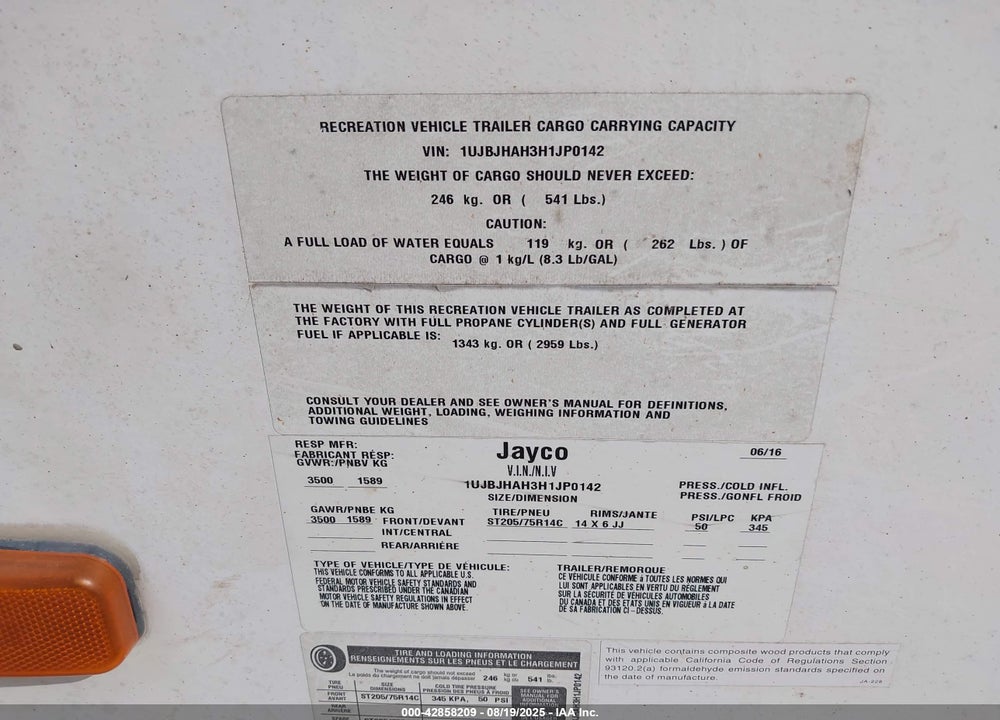 2017 JAYCO JAY FEATHER 7 VIN: 1UJBJHAH3H1JP0142