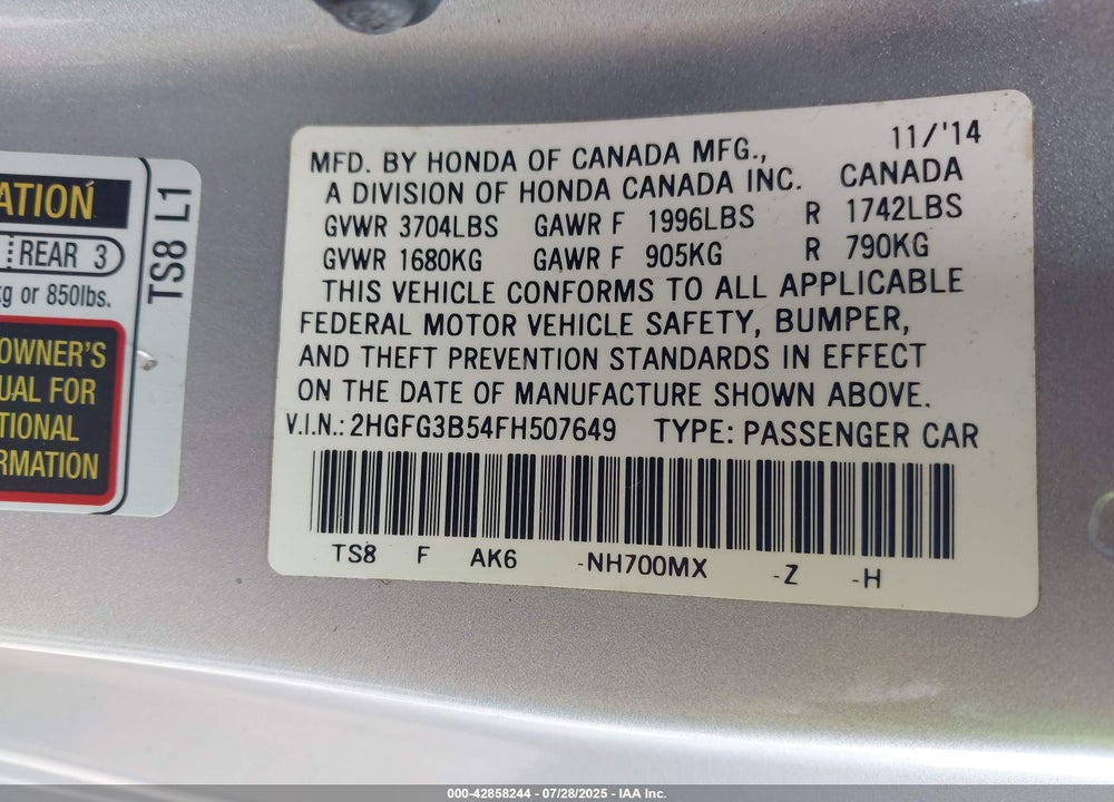 2015 HONDA CIVIC VIN: 2HGFG3B54FH507649