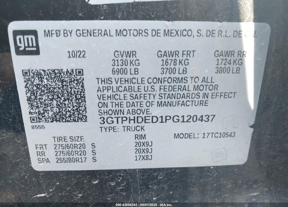 2023 GMC SIERRA 1500 VIN: 3GTPHDED1PG120437