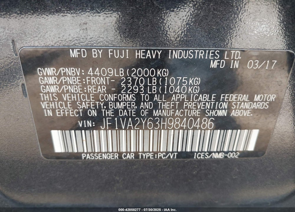 2017 SUBARU WRX VIN: JF1VA2Y63H9840486