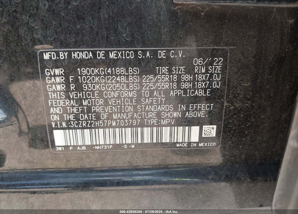 2023 HONDA HR-V VIN: 3CZRZ2H57PM703797