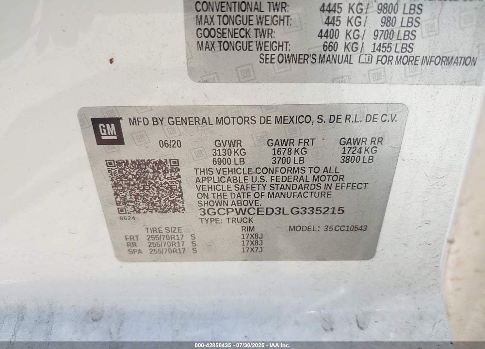 2020 CHEVROLET SILVERADO 1500 VIN: 3GCPWCED3LG335215