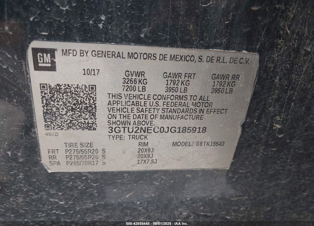 2018 GMC SIERRA 1500 SLT VIN: 3GTU2NEC0JG185918