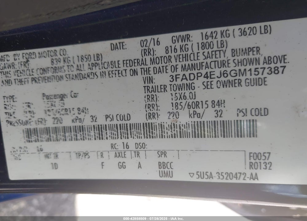 2016 FORD FIESTA VIN: 3FADP4EJ6GM157387