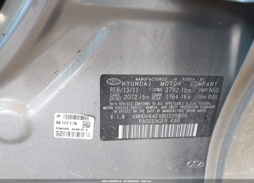 2011 HYUNDAI ELANTRA VIN: KMHDH4AEXBU105809