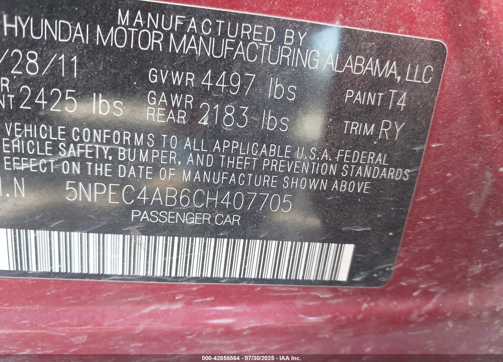 2012 HYUNDAI SONATA VIN: 5NPEC4AB6CH407705