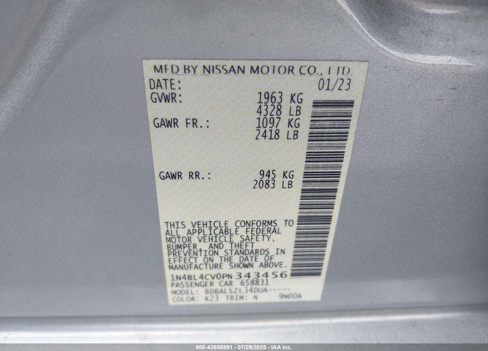 2023 NISSAN ALTIMA VIN: 1N4BL4CV0PN343456