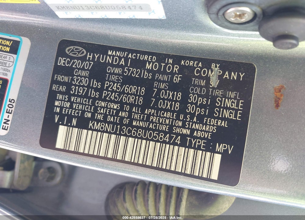 2008 HYUNDAI VERACRUZ VIN: KM8NU13C68U058474