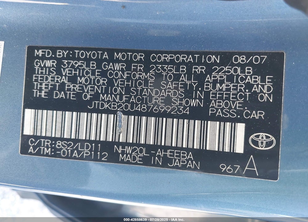 2008 TOYOTA PRIUS VIN: JTDKB20U487699234