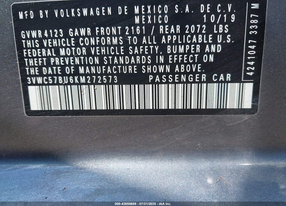2019 VOLKSWAGEN JETTA VIN: 3VWC57BU6KM272573