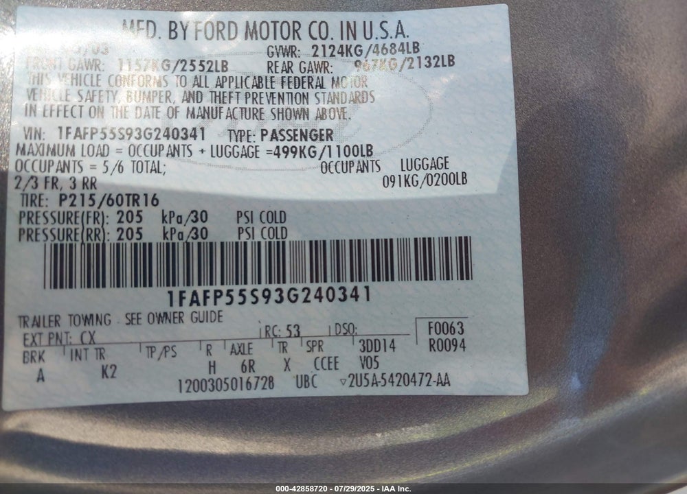 2003 FORD TAURUS SES VIN: 1FAFP55S93G240341