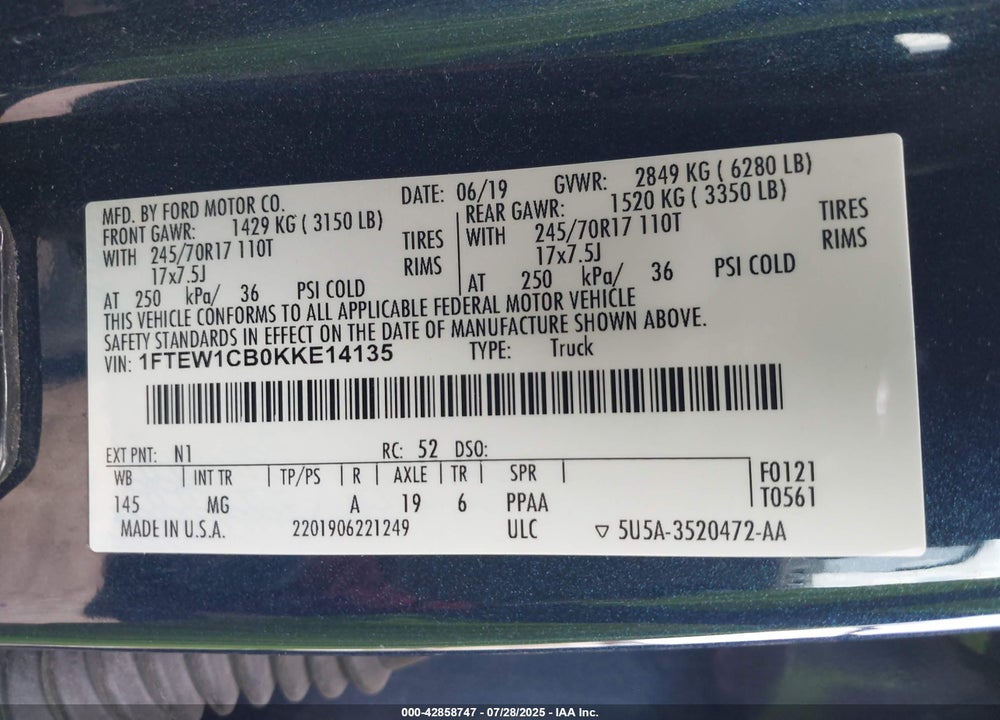 2019 FORD F-150 VIN: 1FTEW1CB0KKE14135